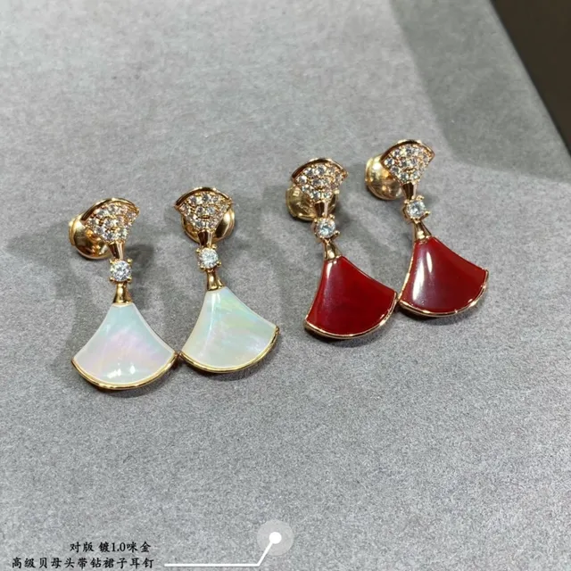 Fan-Shaped Pavé-Top Enamel and Mother-of-Pearl Drop Earrings 5