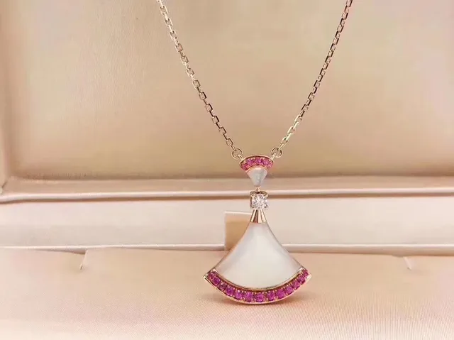 Fan-Shaped Pink Sapphire White Mother-of-Pearl Diamond Necklace 3