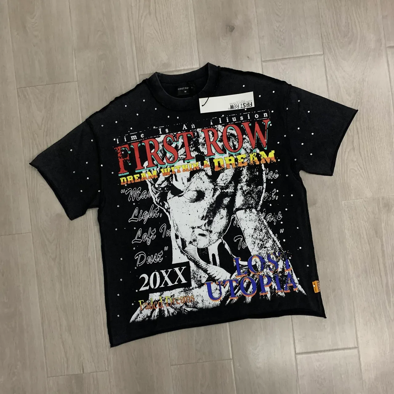 FIRST ROW Graphic Print Speckled Black Oversized T-Shirt 5