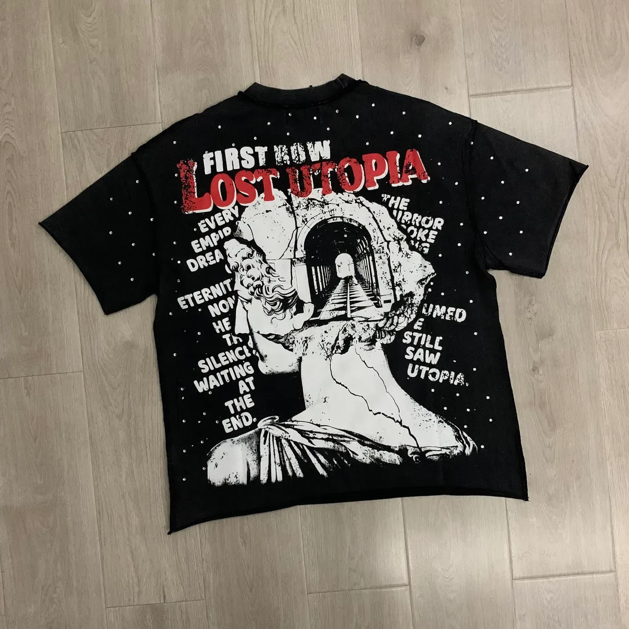 FIRST ROW Graphic Print Speckled Black Oversized T-Shirt 6