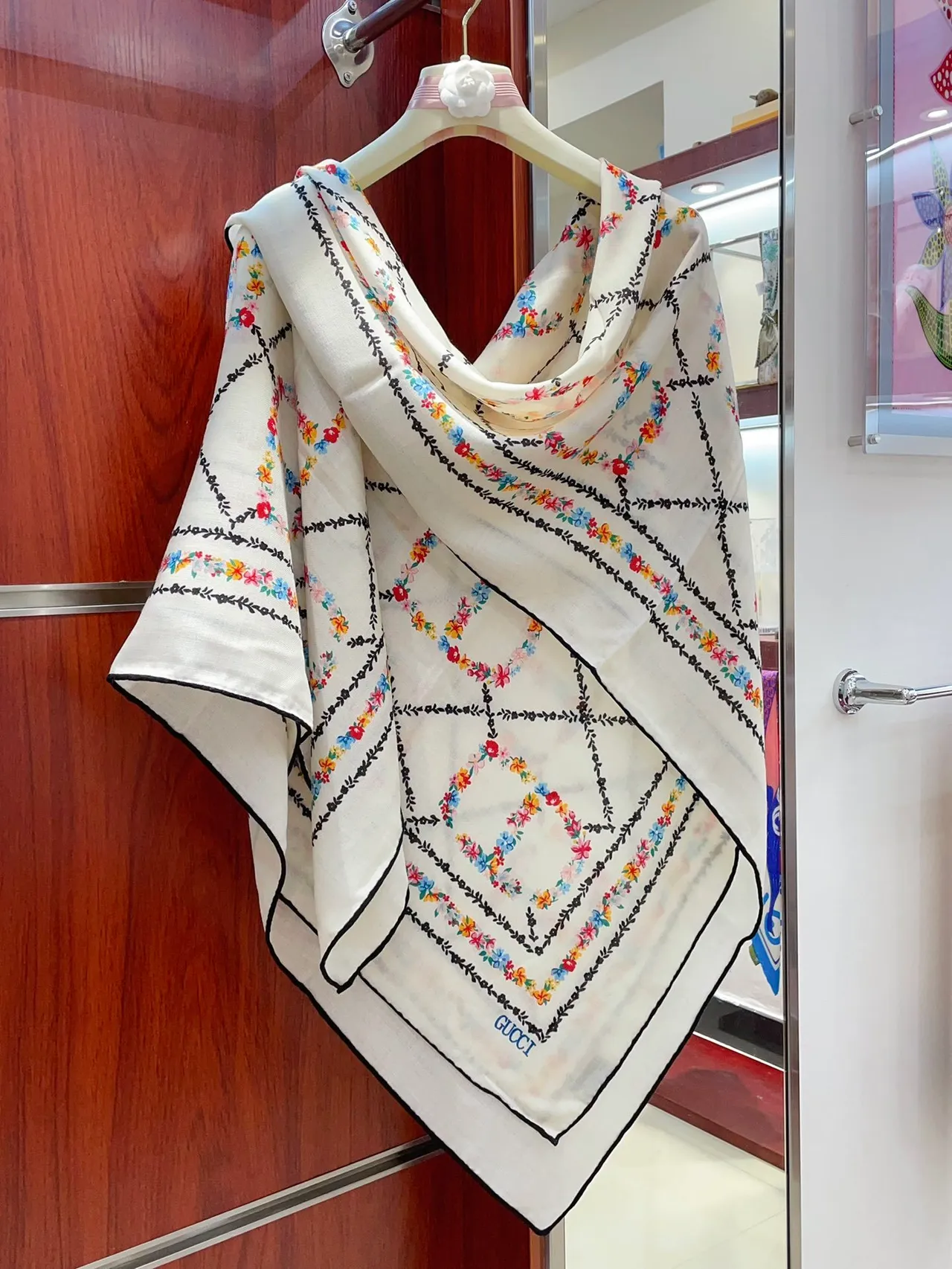 Floral Border Print White Multicolor Silk Scarf 3