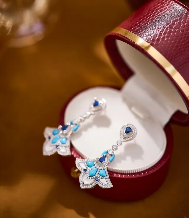 Floral Motif Turquoise and White Inlay Drop Earrings 2