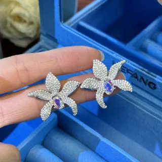 Floral Pavé-Set Iridescent Center Stone Earrings