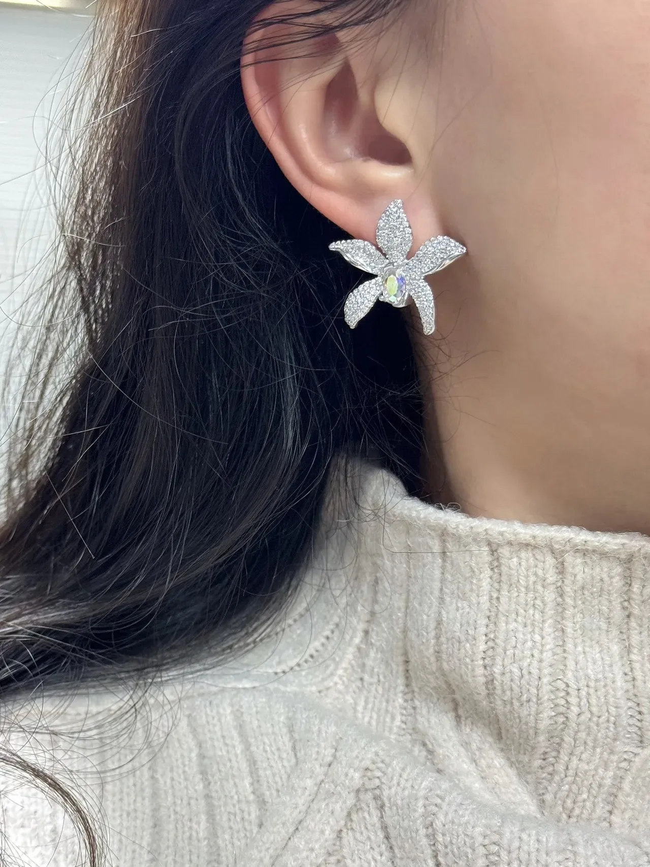 Floral Pavé-Set Iridescent Center Stone Earrings 2