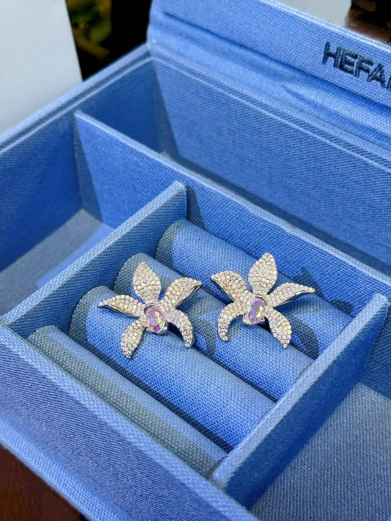 Floral Pavé-Set Iridescent Center Stone Earrings 4