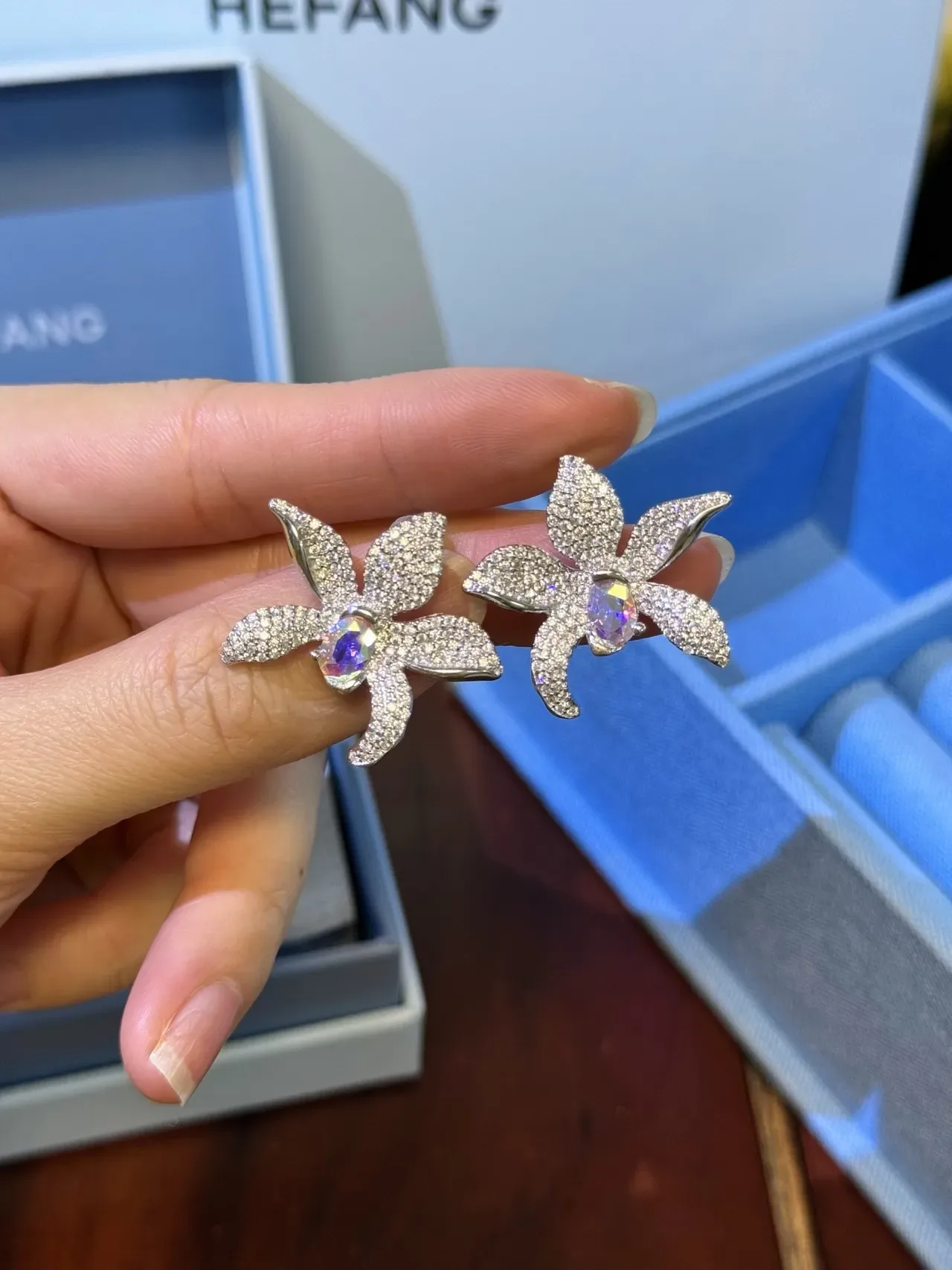 Floral Pavé-Set Iridescent Center Stone Earrings 6