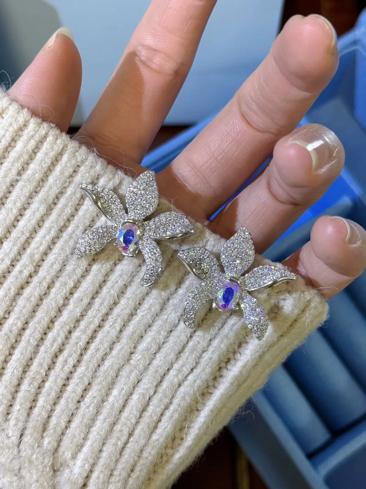 Floral Pavé-Set Iridescent Center Stone Earrings 7