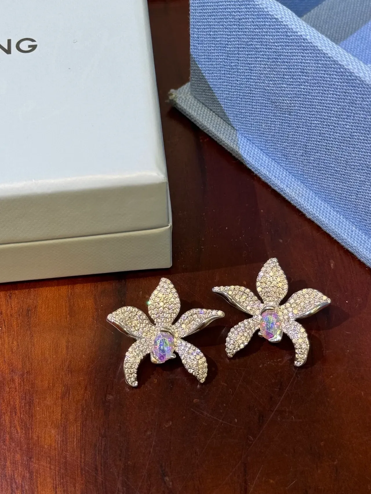 Floral Pavé-Set Iridescent Center Stone Earrings 8