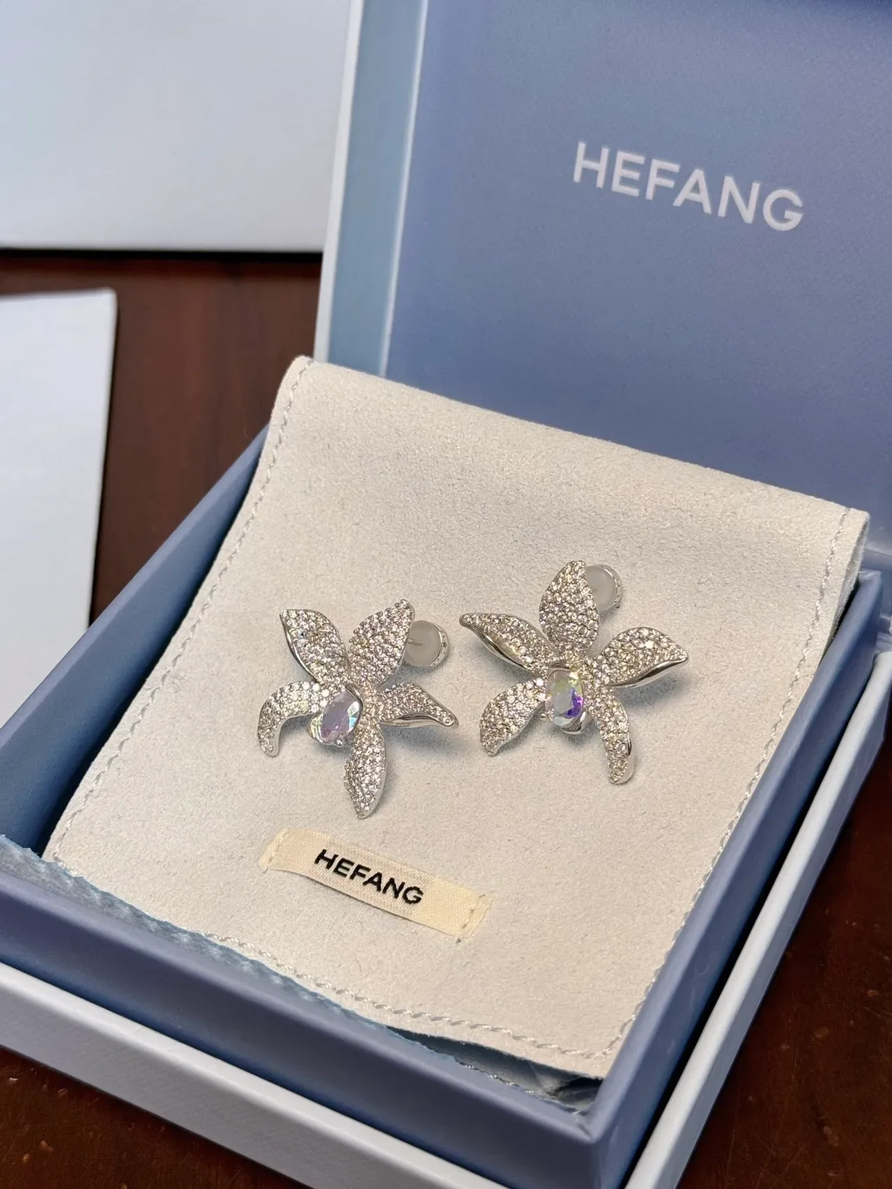 Floral Pavé-Set Iridescent Center Stone Earrings 9