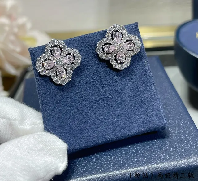 Floral Quatrefoil Pink and Clear Stone Stud Earrings 8