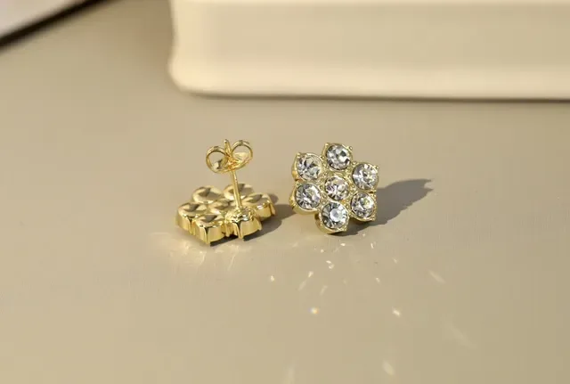 Flower-Shaped Crystal Gold-Tone Stud Earrings 3