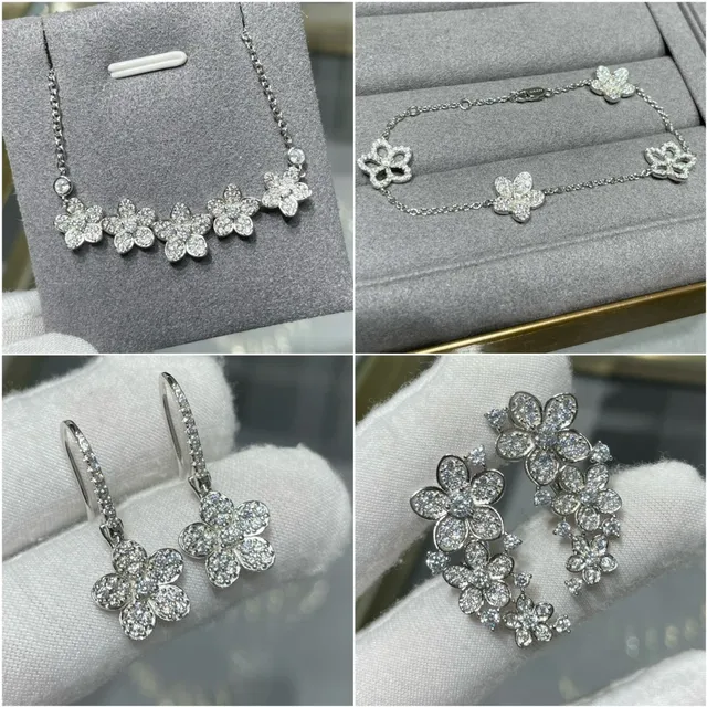 Flower-Shaped Pavé Crystal Five-Petal Silver-Toned Necklace 5