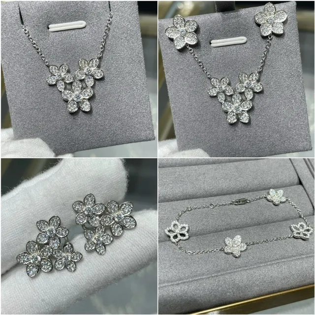 Flower-Shaped Pavé Crystal Five-Petal Silver-Toned Necklace 6