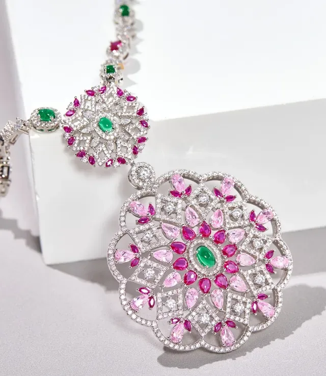 Gemstone-Encrusted Floral Mandala Pendant Necklace 2