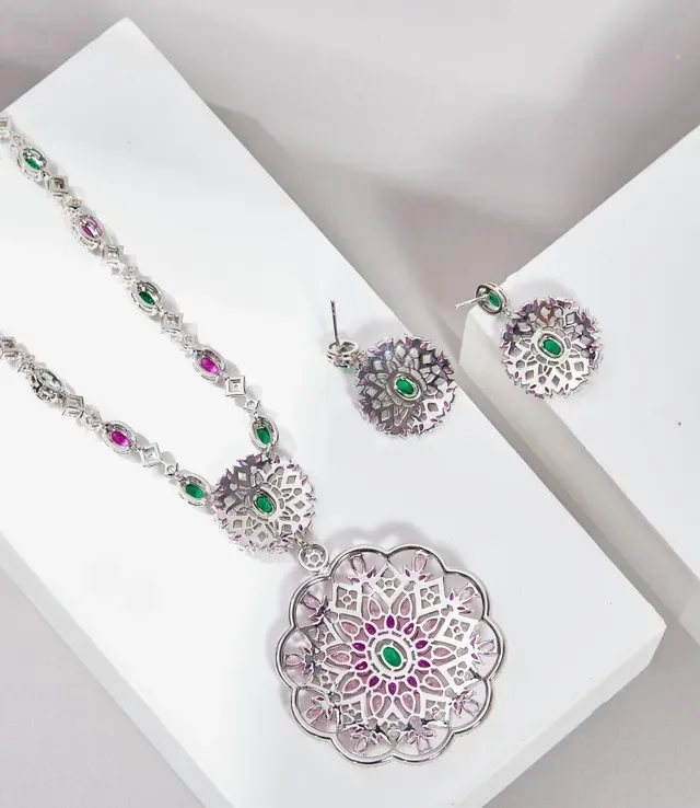 Gemstone-Encrusted Floral Mandala Pendant Necklace 4