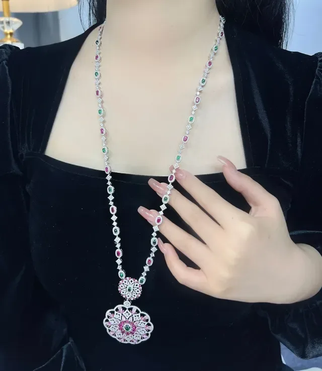 Gemstone-Encrusted Floral Mandala Pendant Necklace 5