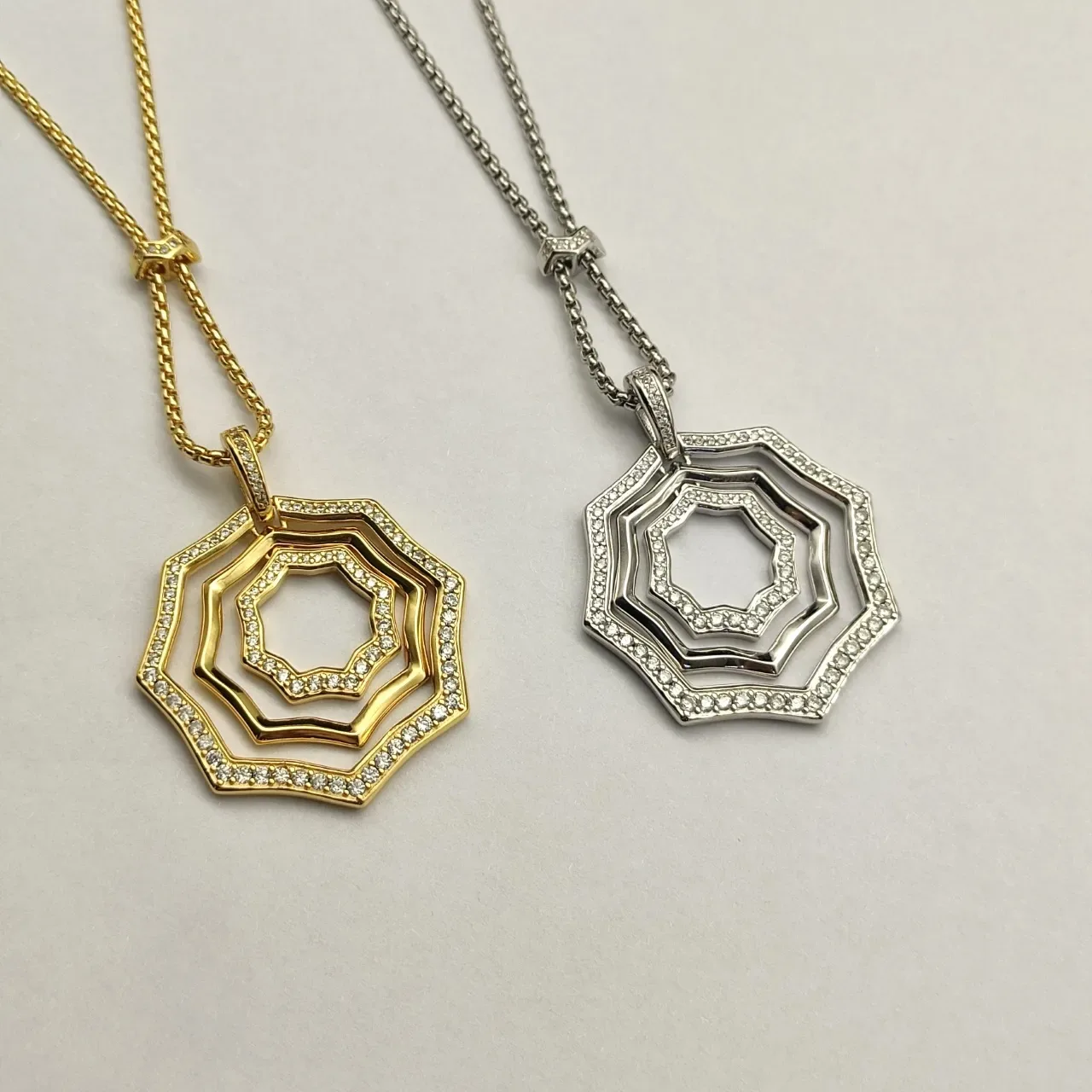 Geometric Concentric Octagonal Pavé Pendant Necklaces 2