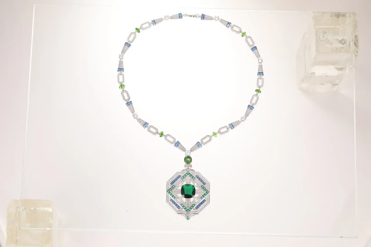 Geometric Octagonal Green and Blue Gemstone Pendant Necklace 2