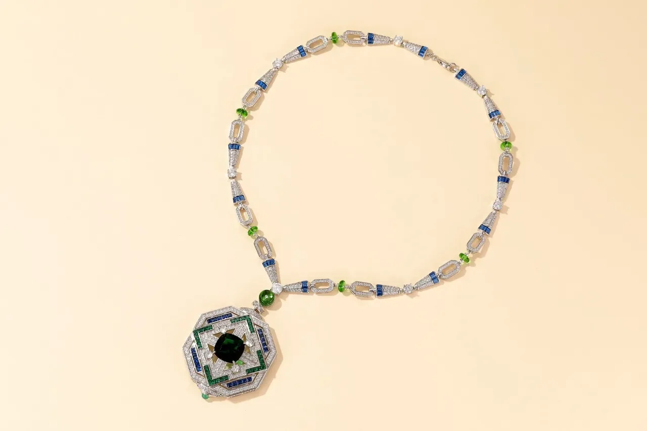 Geometric Octagonal Green and Blue Gemstone Pendant Necklace 4