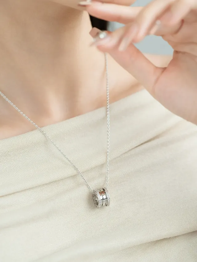 Gold and Silver Tone Pavé Multi-Ring Cylindrical Pendant Necklaces 6