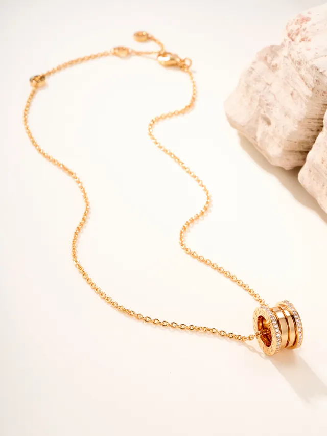Gold and Silver Tone Pavé Multi-Ring Cylindrical Pendant Necklaces 15