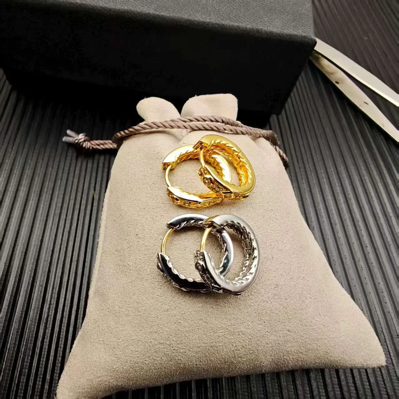 Gold and Silver Tone Pavé-Set Hinged Hoop Earrings 7