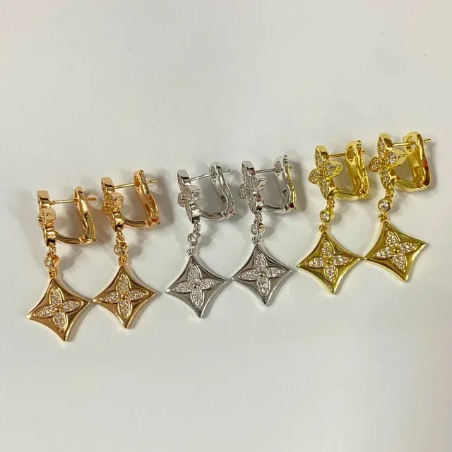 Gold and Silver Tone Quatrefoil Pavé Square Dangle Earrings 2