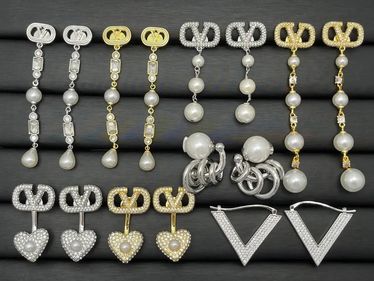 Gold and Silver Tone V-Logo Heart Pyramid Geometric Earrings 4