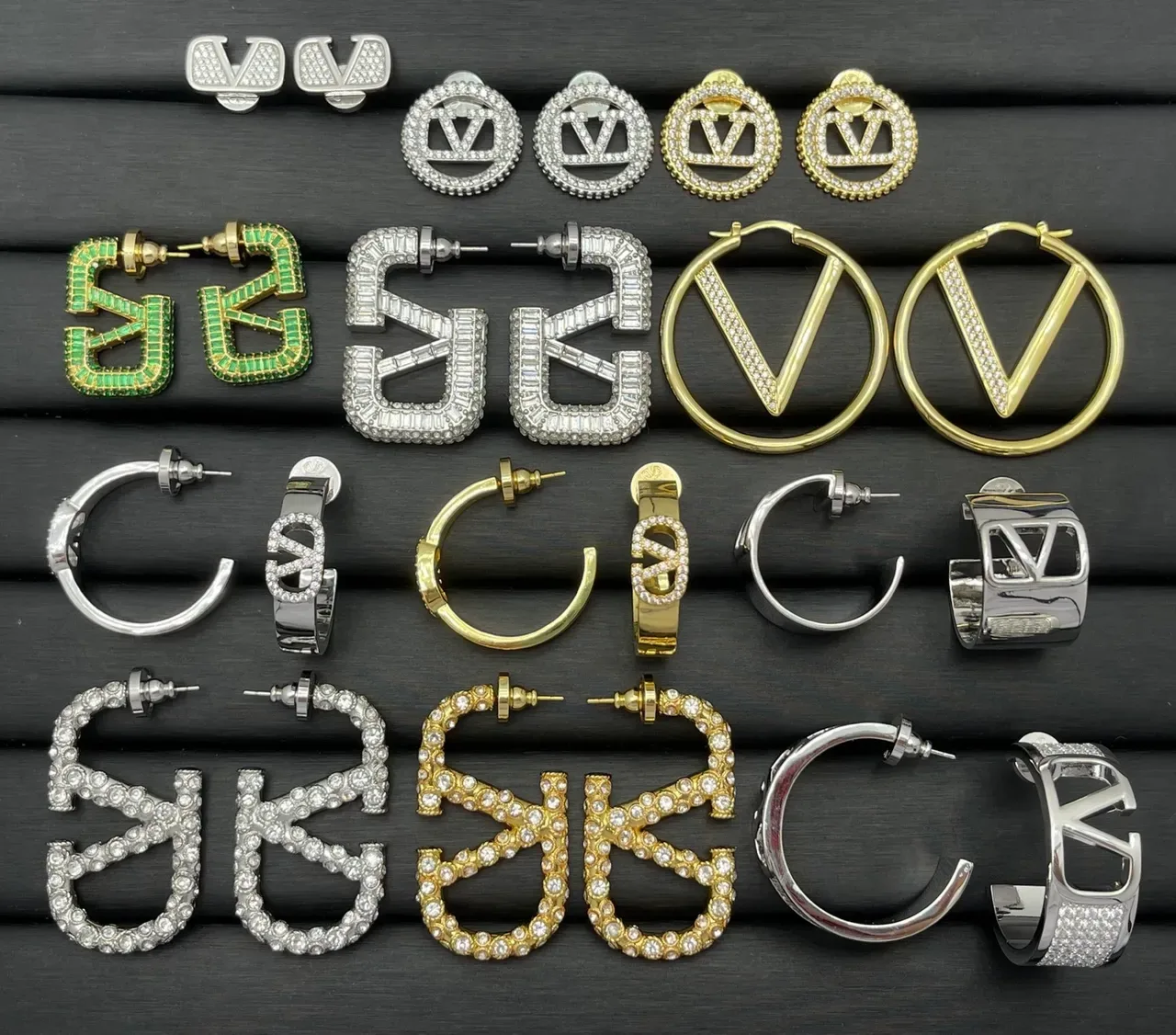 Gold and Silver Tone V-Logo Heart Pyramid Geometric Earrings 14