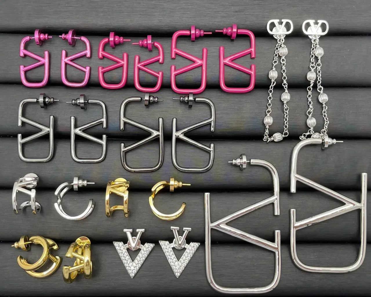Gold and Silver Tone V-Logo Heart Pyramid Geometric Earrings 15