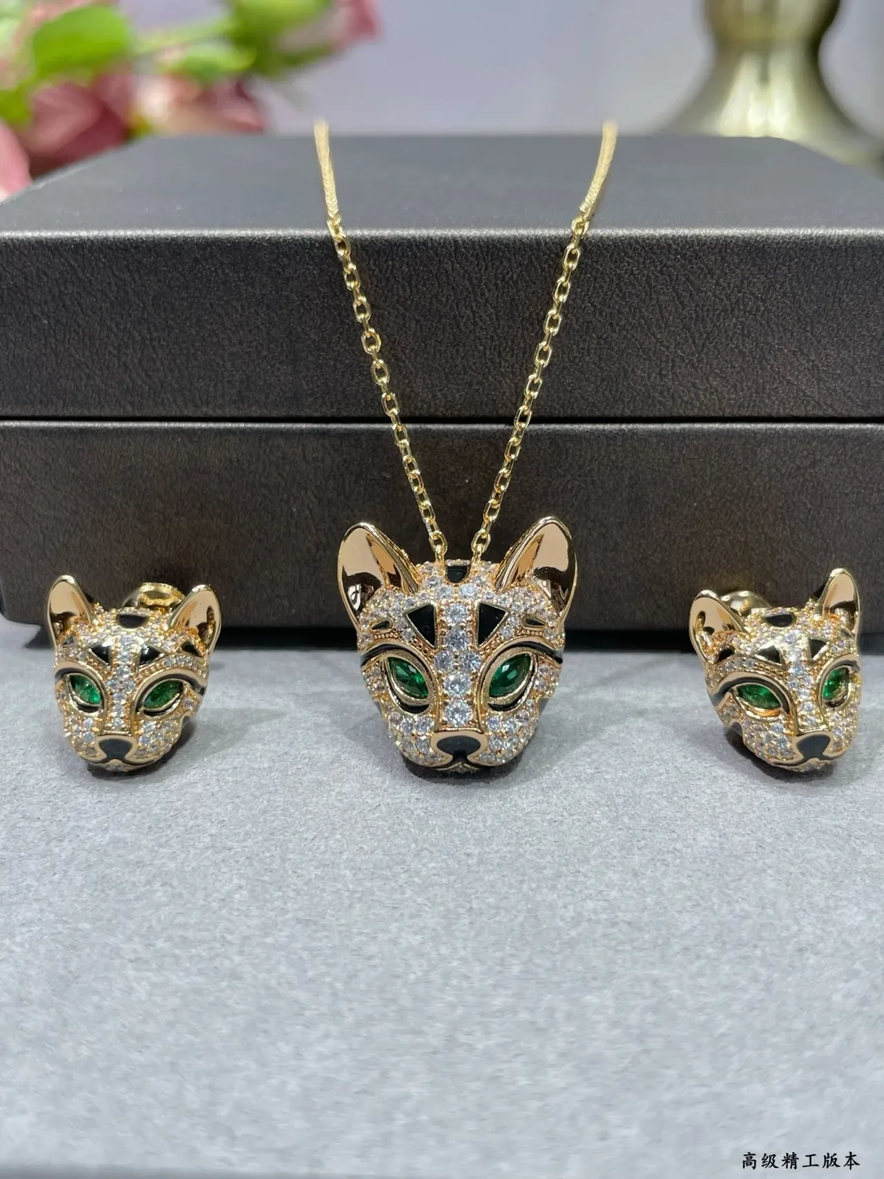 Gold Black Fox Head Pendant Pavé-Set Crystals Necklace 3