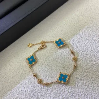 Gold Blue Chain Enamel Quatrefoil Motifs Bracelet