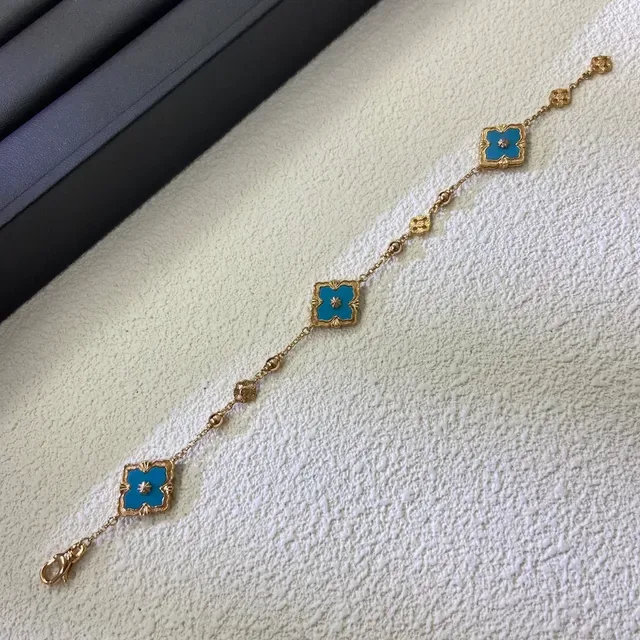 Gold Blue Chain Enamel Quatrefoil Motifs Bracelet 2