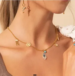 Gold Blue Chain Multi-Charm Necklace 2