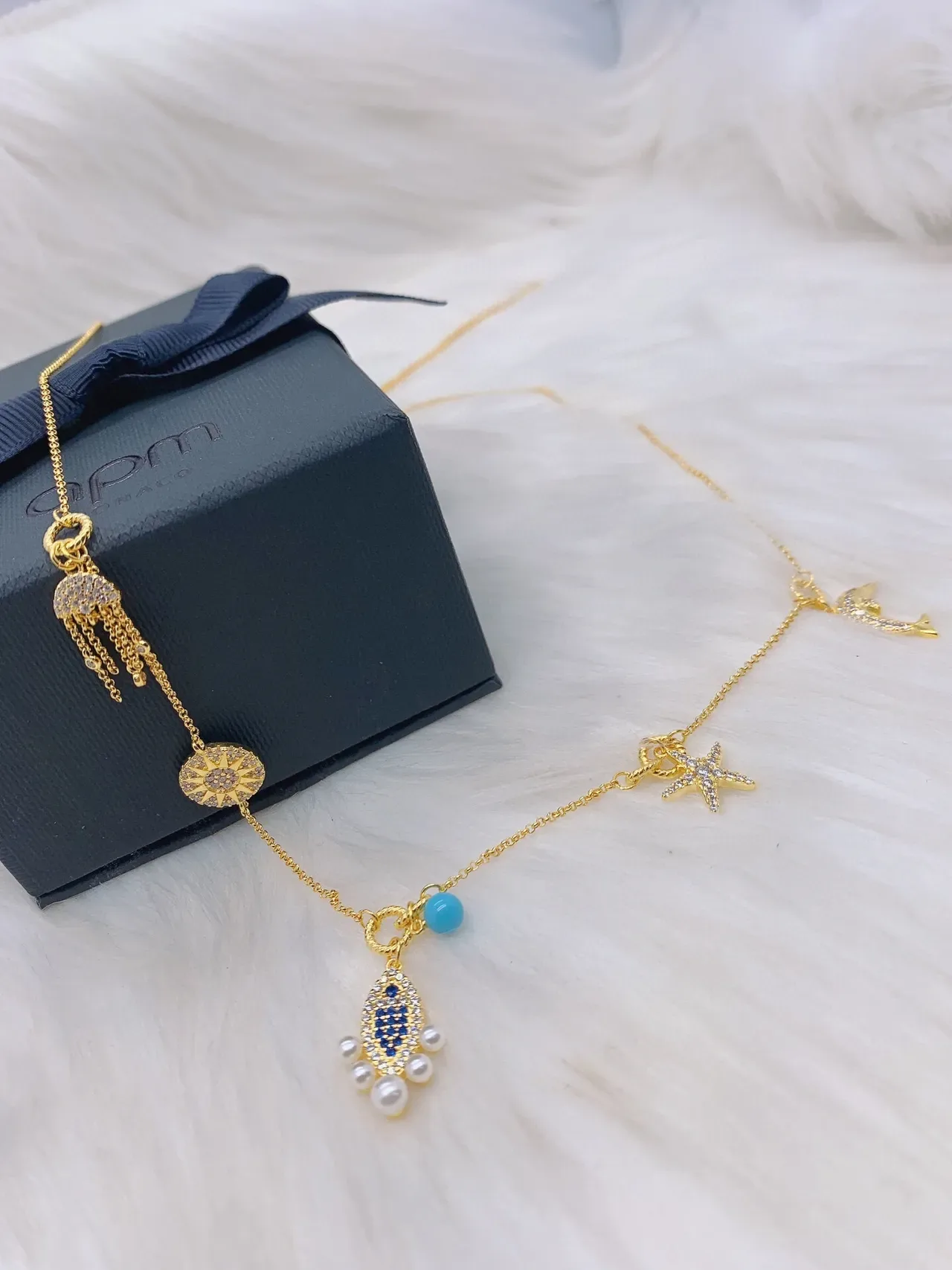Gold Blue Chain Multi-Charm Necklace 3