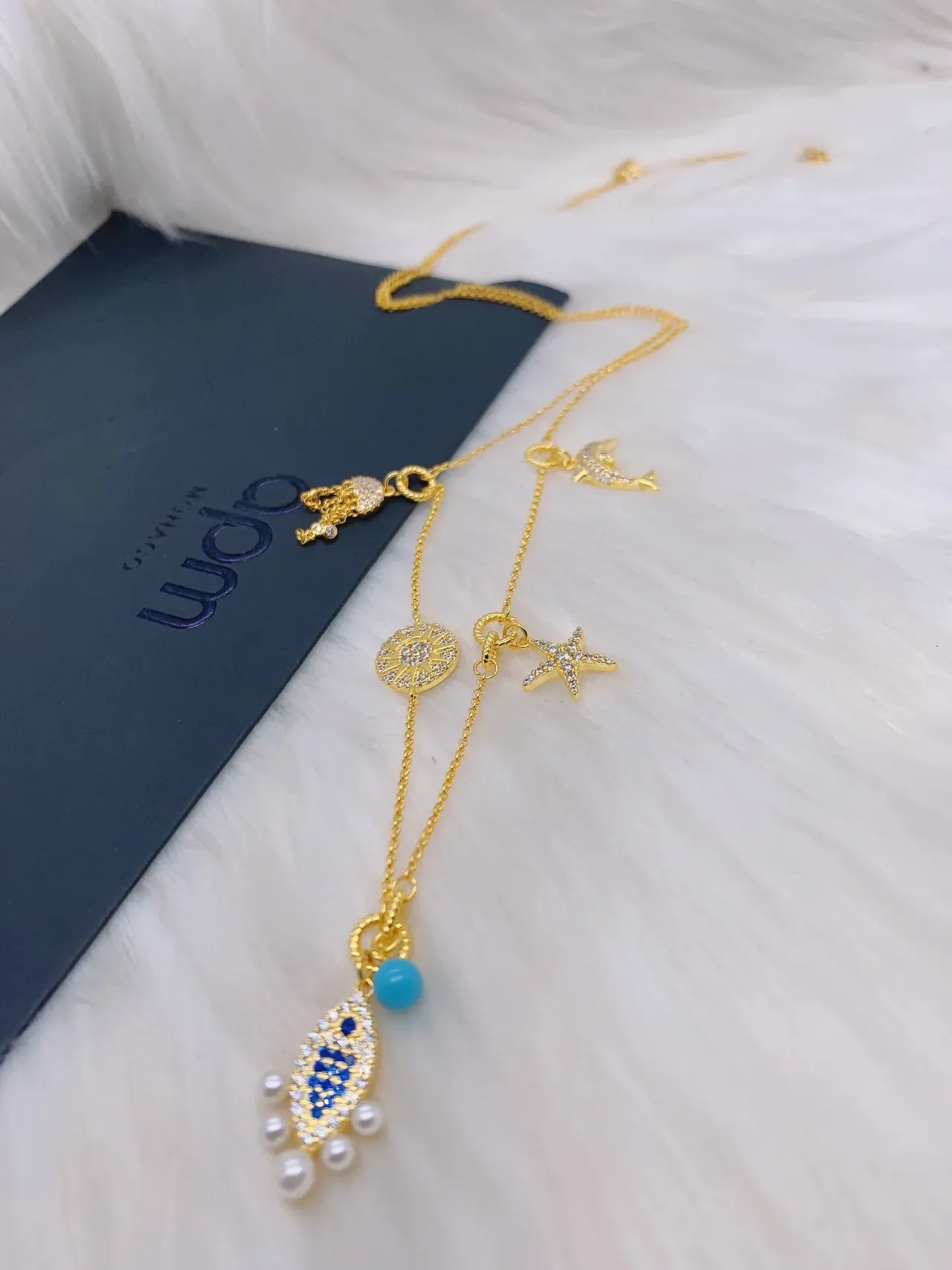 Gold Blue Chain Multi-Charm Necklace 5
