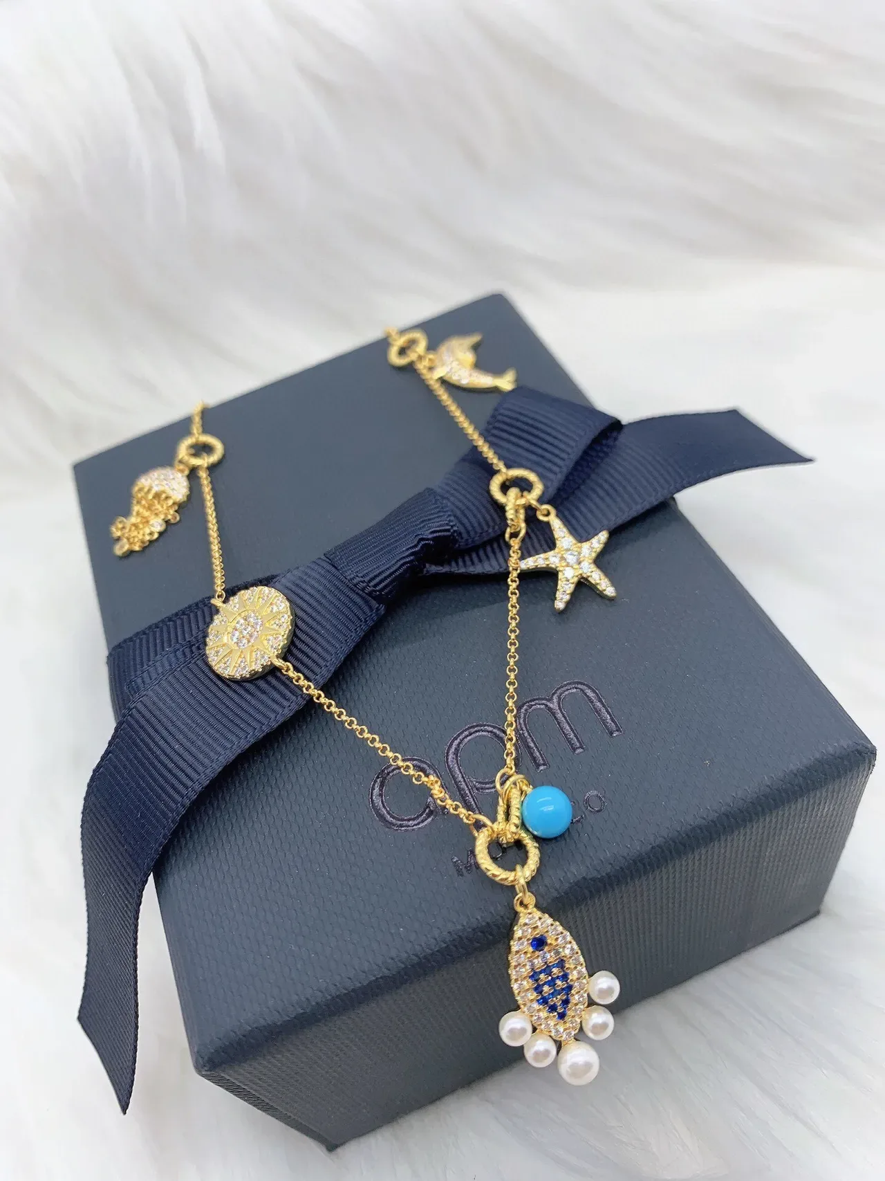 Gold Blue Chain Multi-Charm Necklace 6