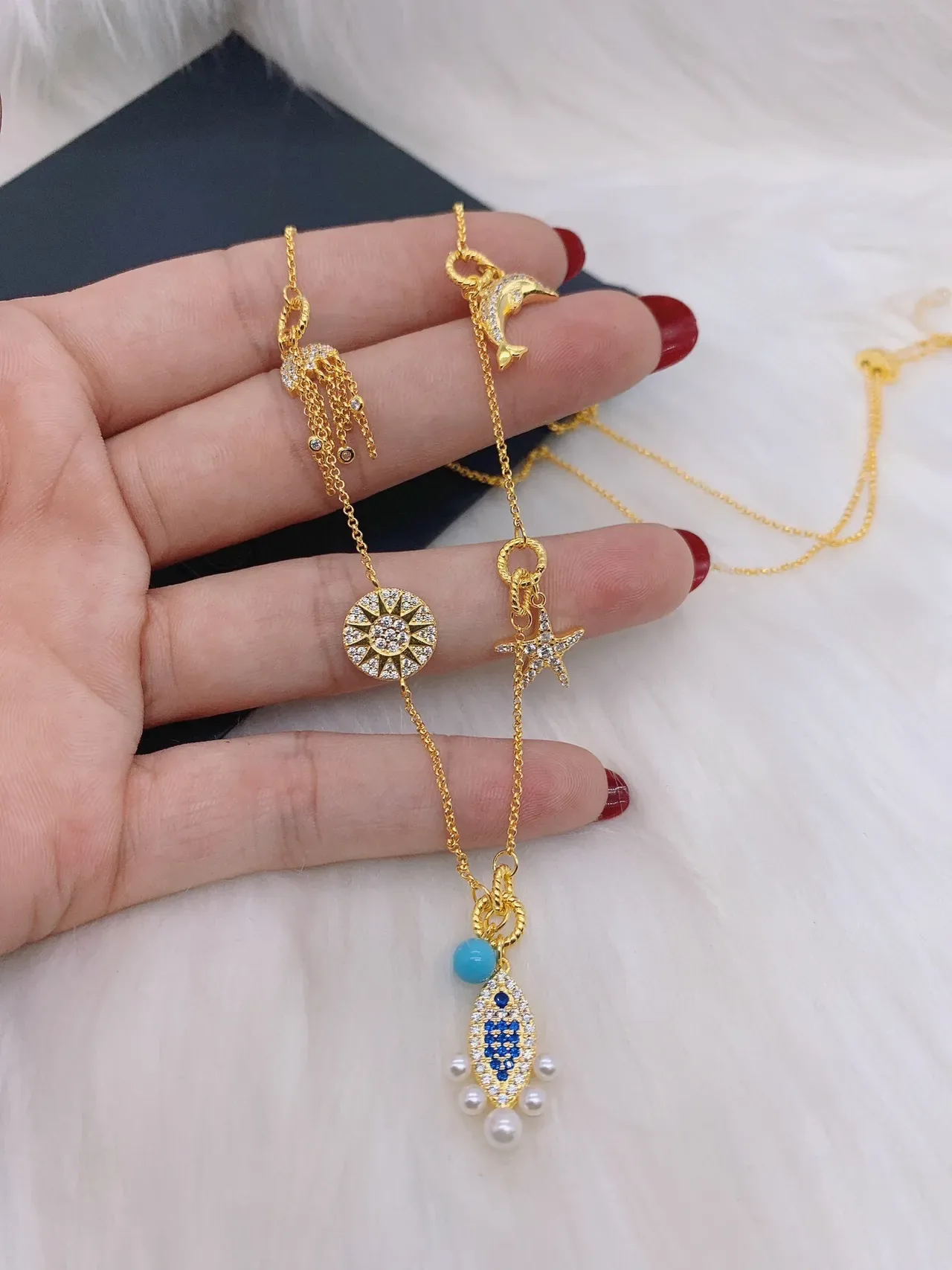 Gold Blue Chain Multi-Charm Necklace 9