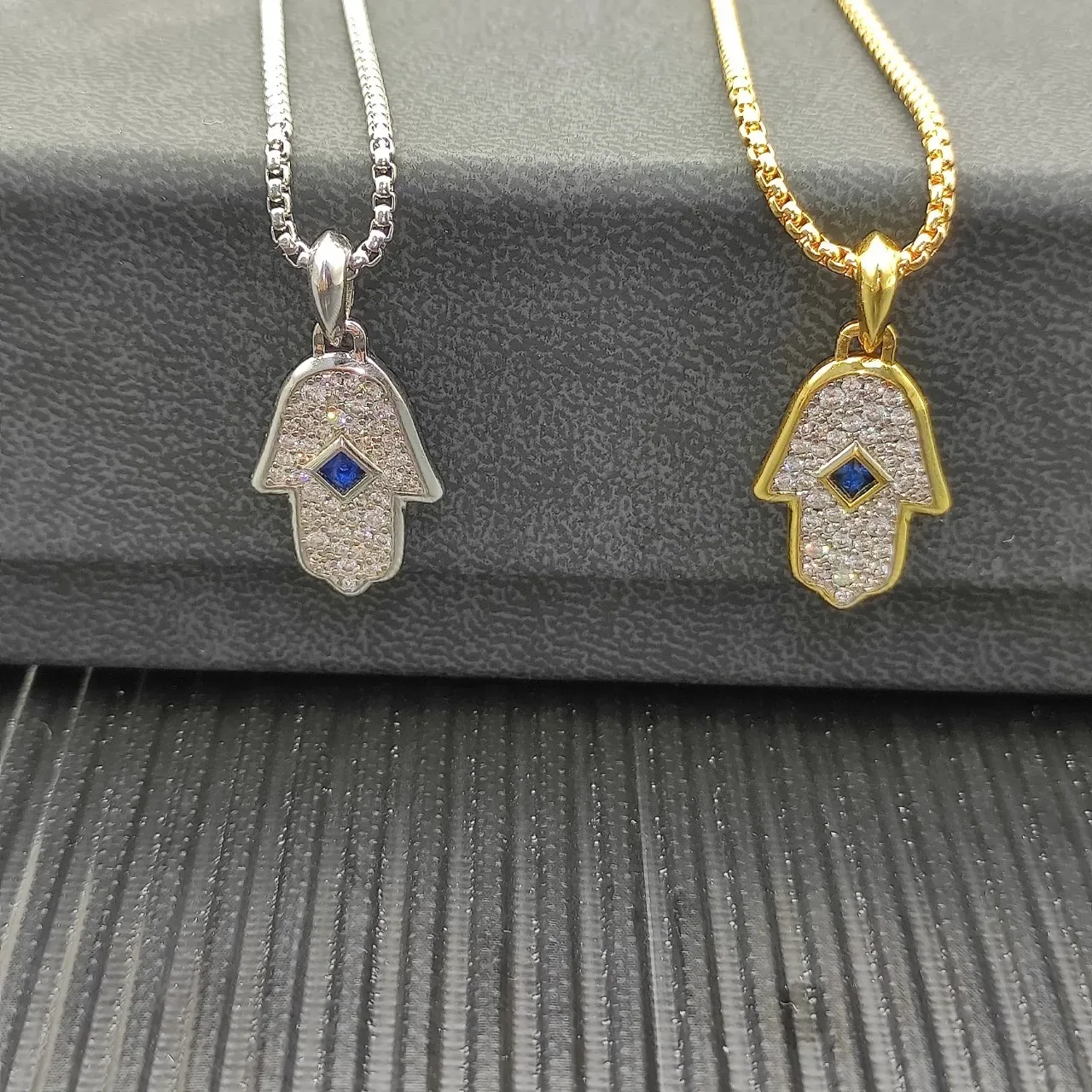 Gold Blue Hamsa Hand Silhouette Pavé-Set White Stones Necklace 2