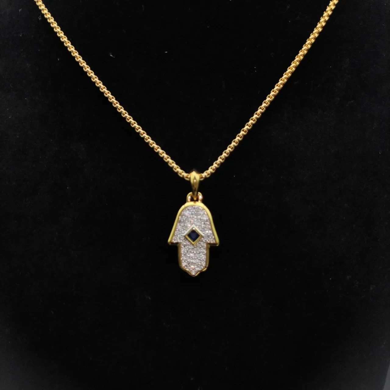 Gold Blue Hamsa Hand Silhouette Pavé-Set White Stones Necklace 4