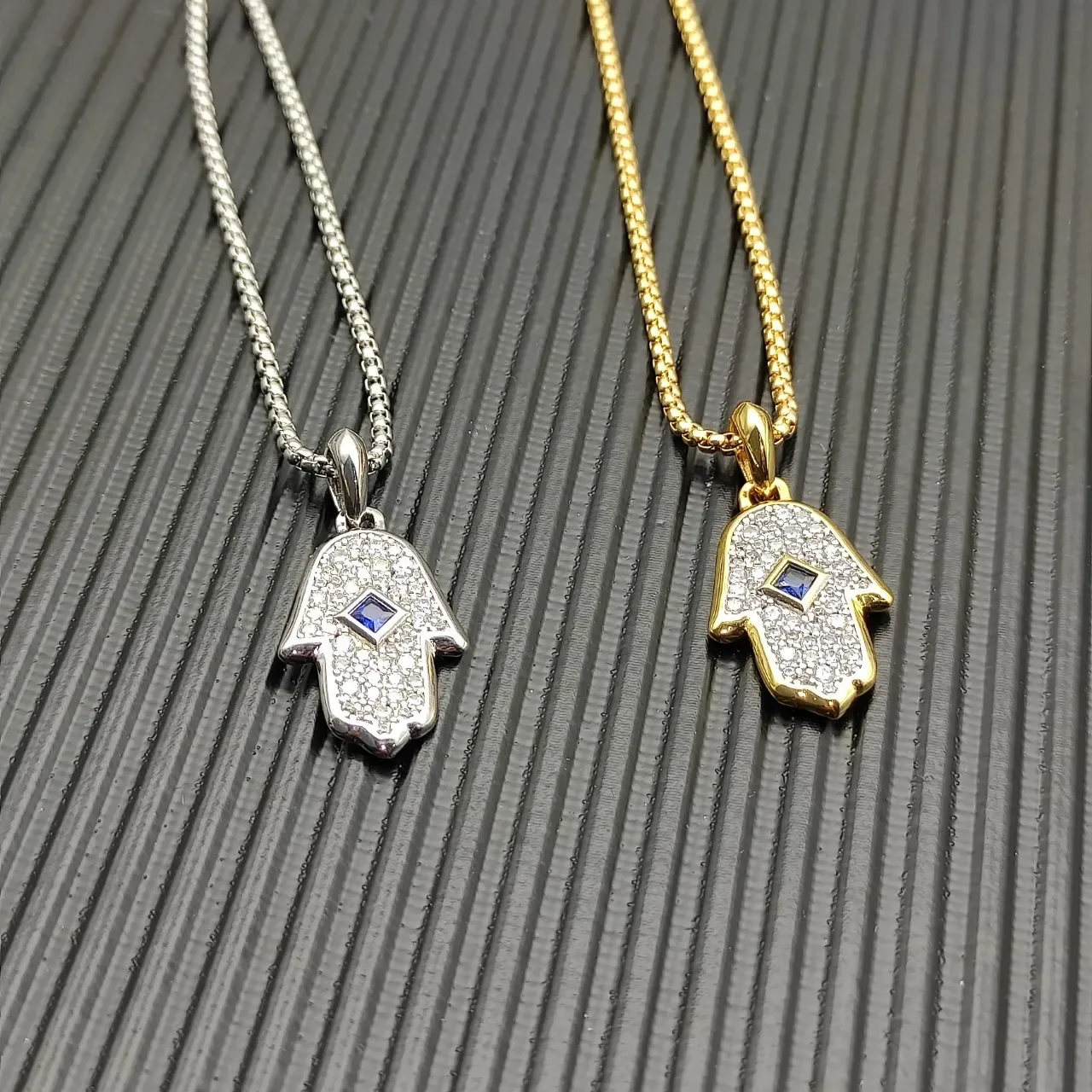 Gold Blue Hamsa Hand Silhouette Pavé-Set White Stones Necklace 5