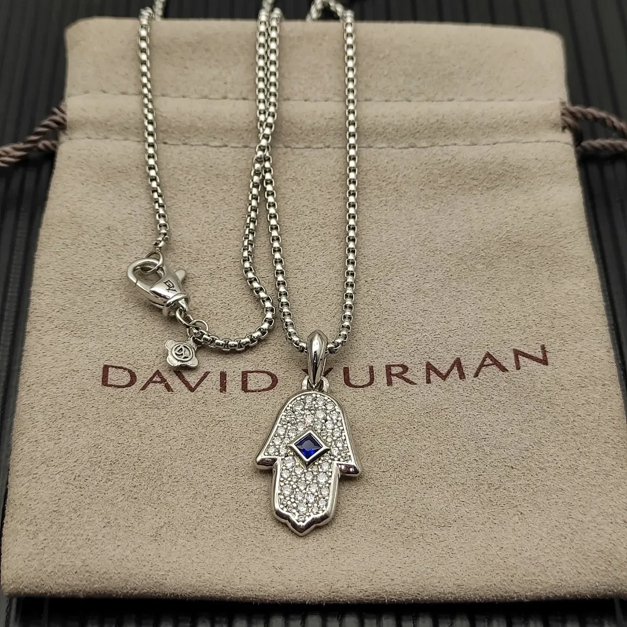 Gold Blue Hamsa Hand Silhouette Pavé-Set White Stones Necklace 6