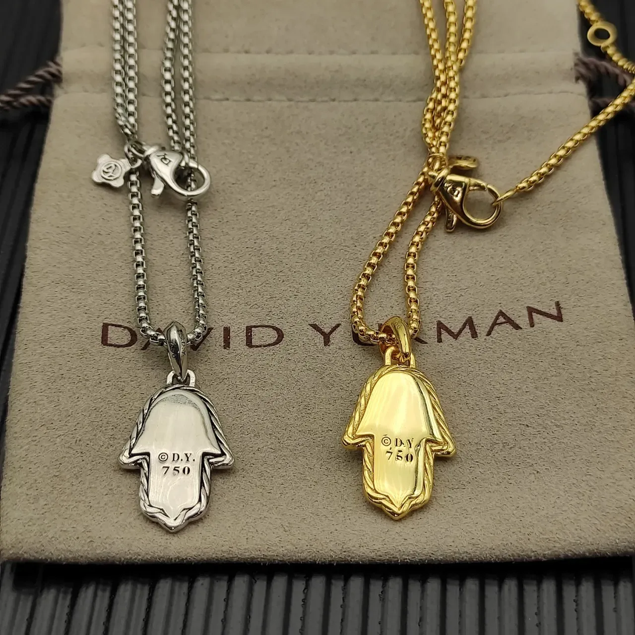 Gold Blue Hamsa Hand Silhouette Pavé-Set White Stones Necklace 7
