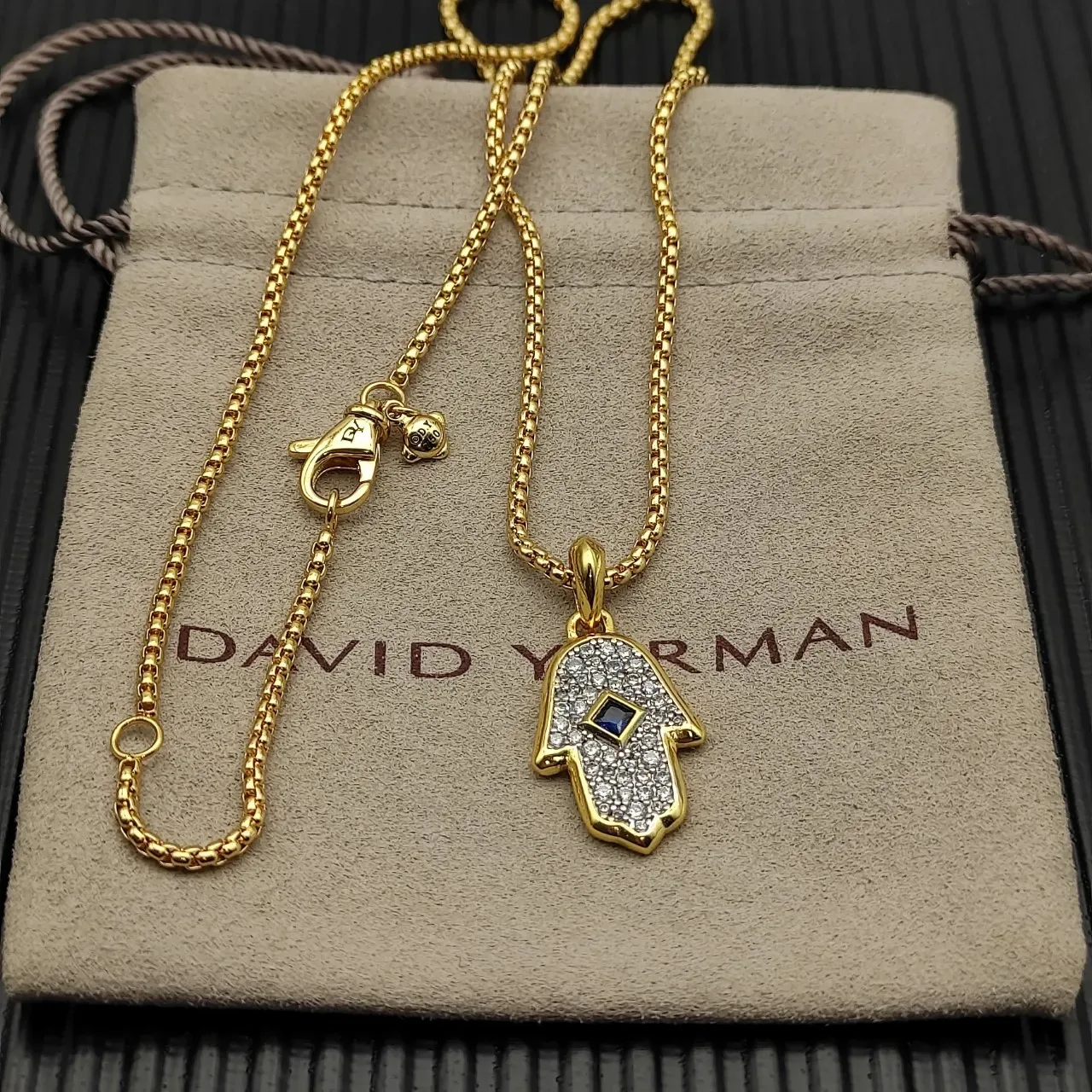 Gold Blue Hamsa Hand Silhouette Pavé-Set White Stones Necklace 8