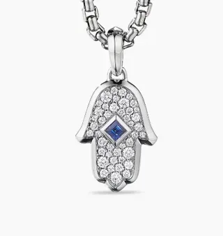 Gold Blue Hamsa Hand Silhouette Pavé-Set White Stones Necklace 9