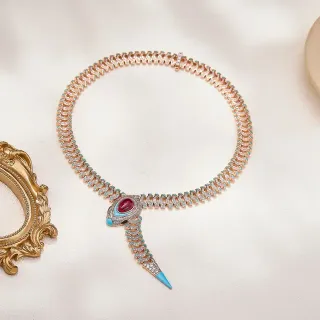 Gold Blue Snake-Inspired Pendant Articulated Link Chain Necklace