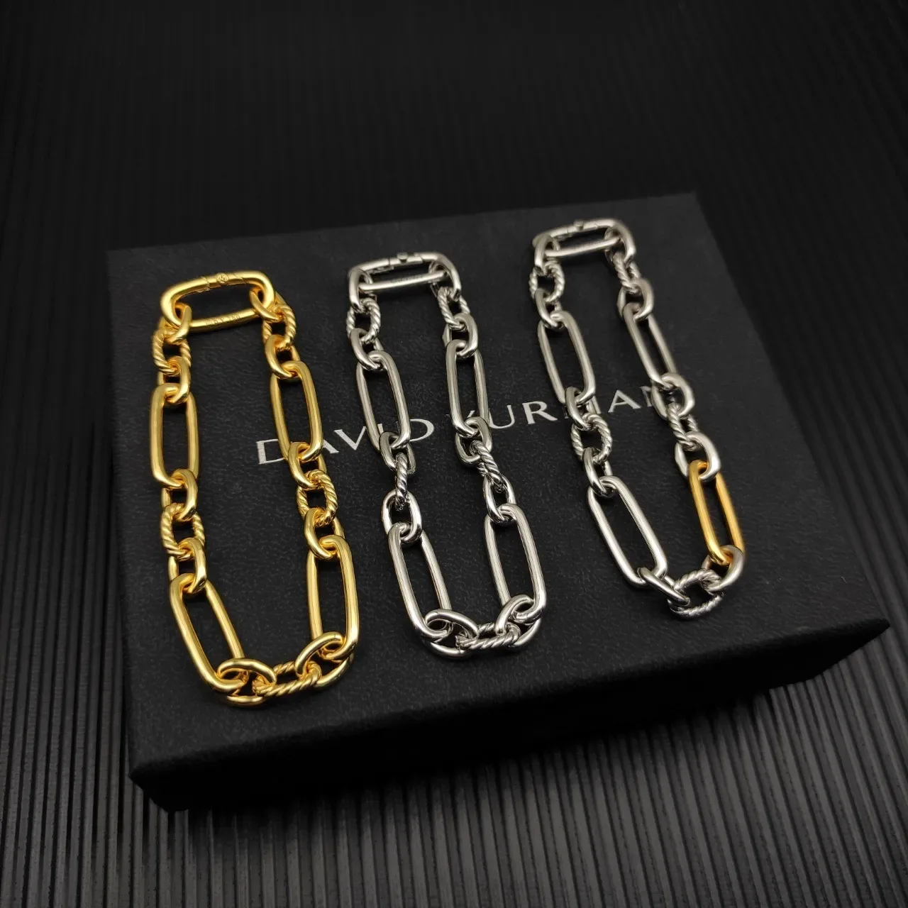 Gold Chunky Link Chain Alternating Smooth Oval And Twisted Rope Links Bracelet 2