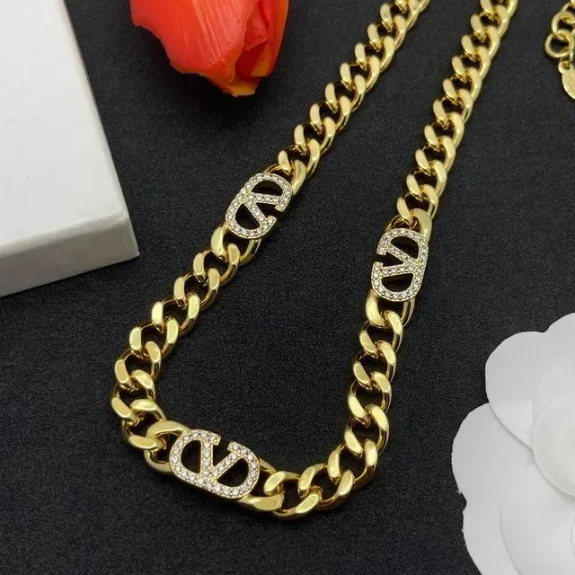 Gold Curb Chain Pavé V-Logo Statement Necklace 6