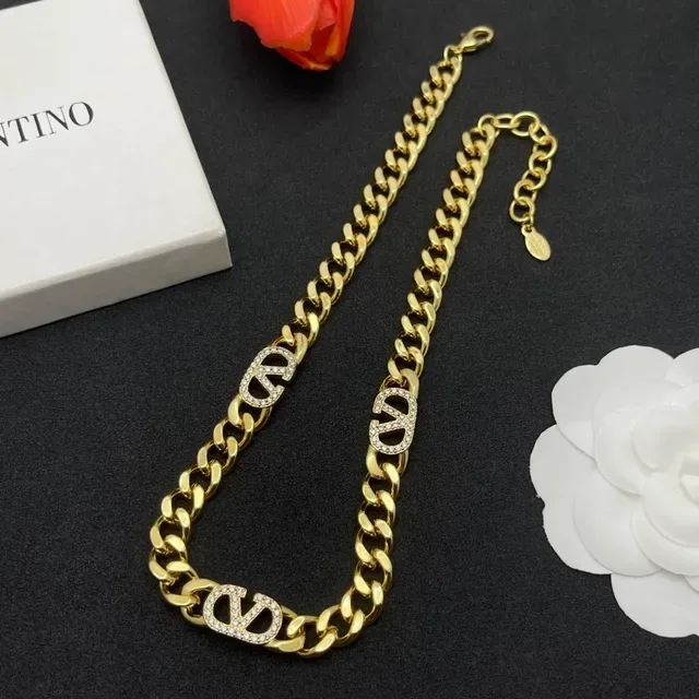 Gold Curb Chain Pavé V-Logo Statement Necklace 7