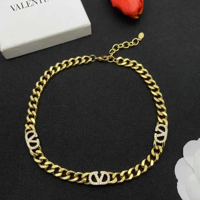 Gold Curb Chain Pavé V-Logo Statement Necklace 8